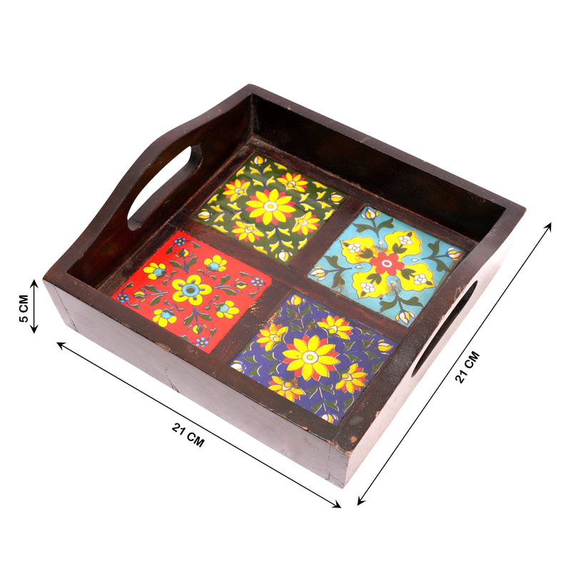 Artisan's Palette: Hand-Painted Ceramic Tile and Rosewood Tray