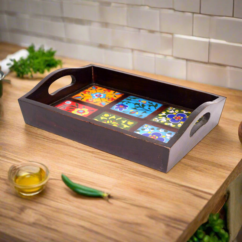 Vibrant Artistry: Hand-Painted Ceramic Tile and Rosewood Serving Tray