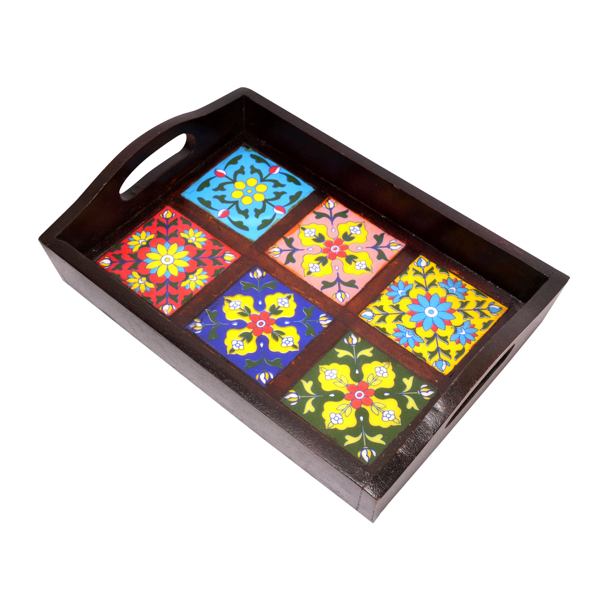 Vibrant Artistry: Hand-Painted Ceramic Tile and Rosewood Serving Tray