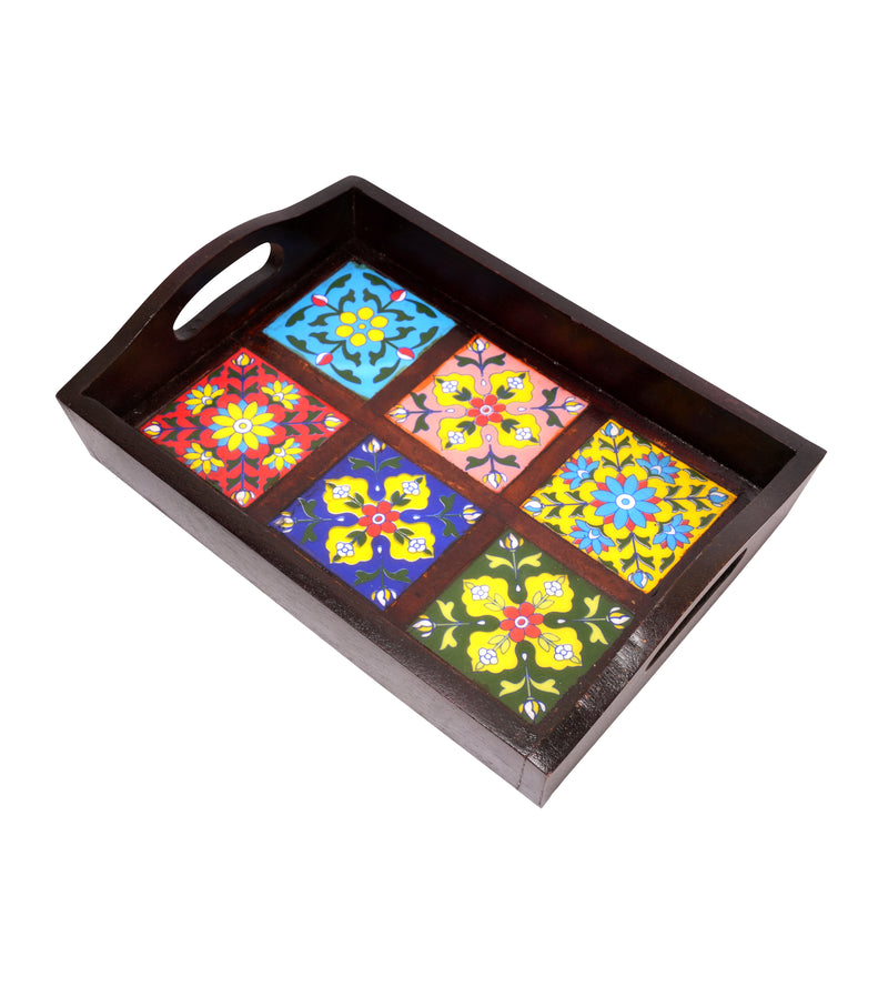 Vibrant Artistry: Hand-Painted Ceramic Tile and Rosewood Serving Tray