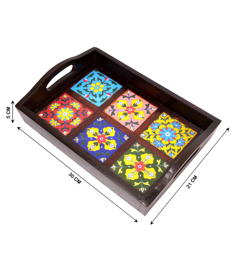 Vibrant Artistry: Hand-Painted Ceramic Tile and Rosewood Serving Tray
