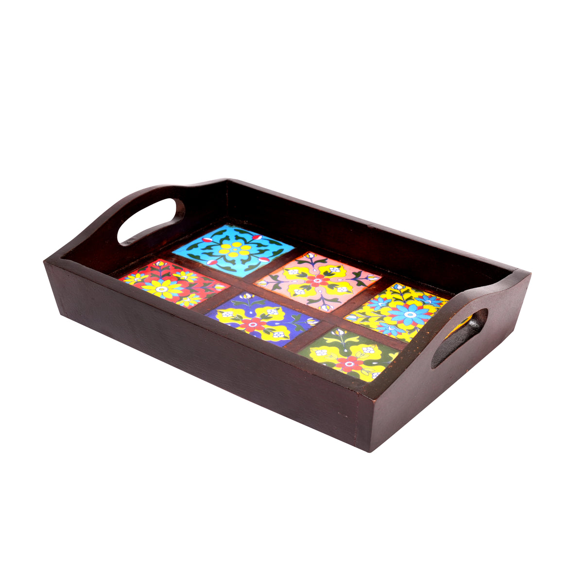Vibrant Artistry: Hand-Painted Ceramic Tile and Rosewood Serving Tray