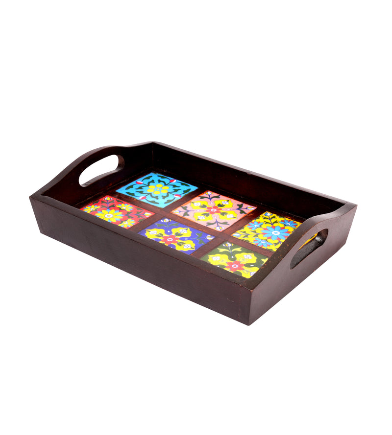 Vibrant Artistry: Hand-Painted Ceramic Tile and Rosewood Serving Tray