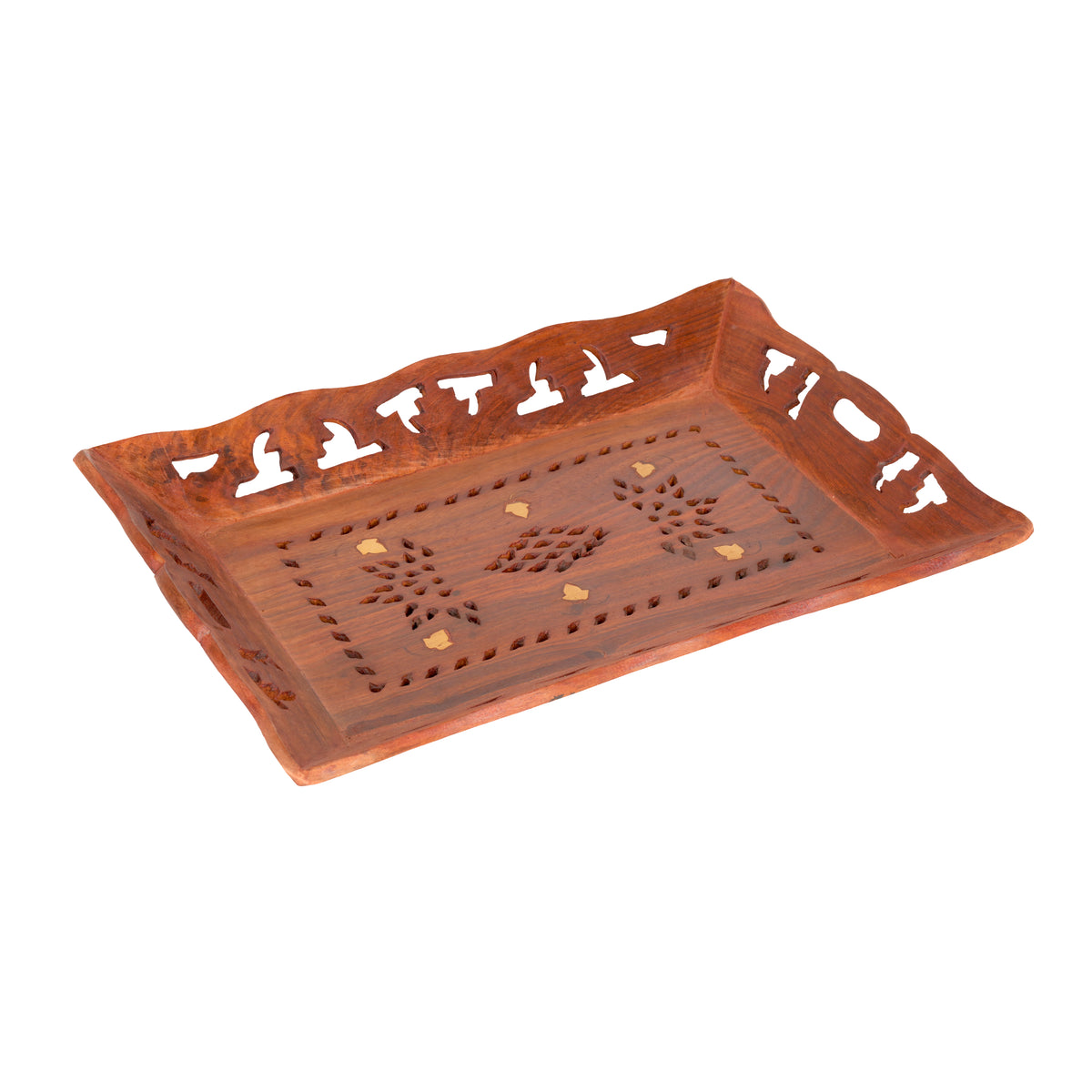 Hand-Carved Rosewood Tray with Brass Inlay Kerala Craft