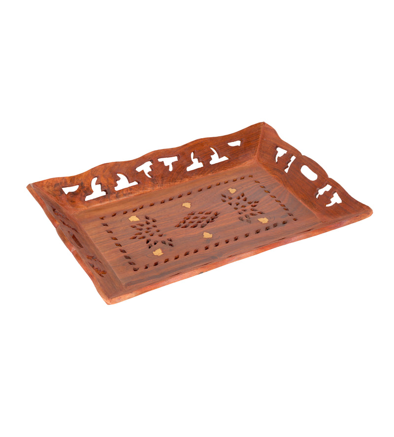 Hand-Carved Rosewood Tray with Brass Inlay Kerala Craft
