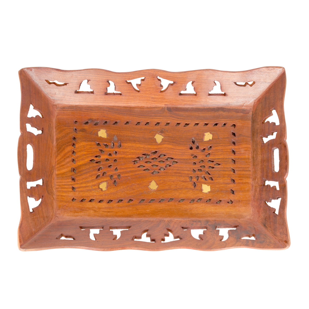 Hand-Carved Rosewood Tray with Brass Inlay Kerala Craft