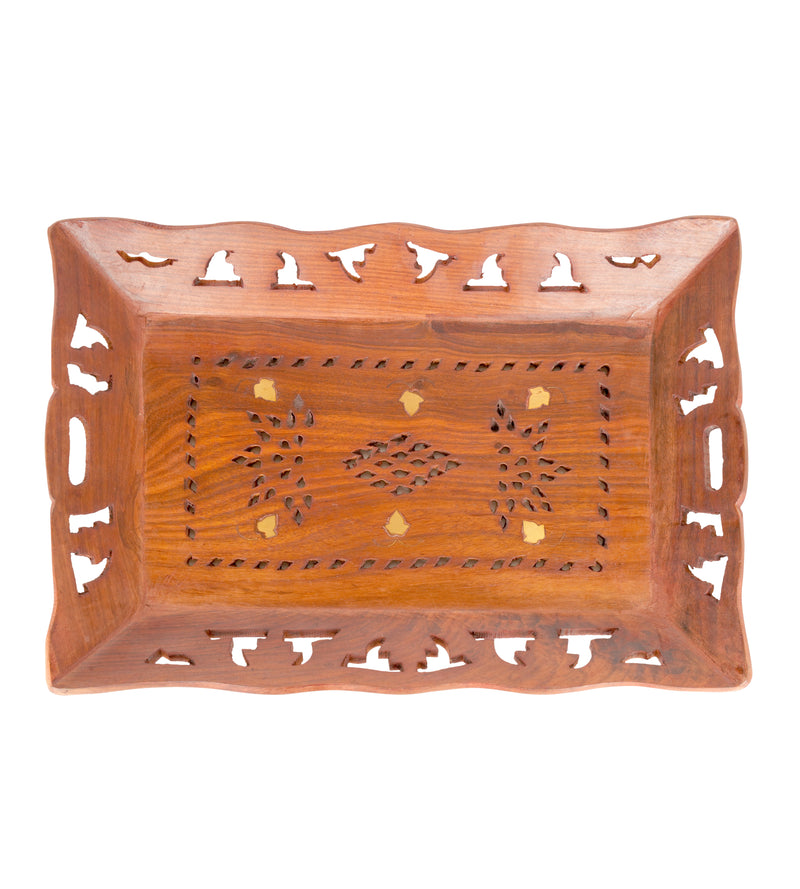 Hand-Carved Rosewood Tray with Brass Inlay Kerala Craft