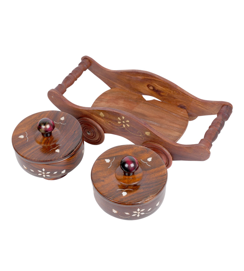Traditional Charm: Handcrafted Rosewood Trolley with Lidded Boxes