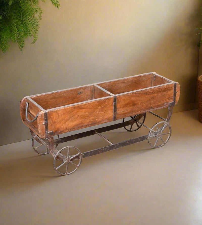 Handcrafted Wooden Trolley with Compartments and Wheels