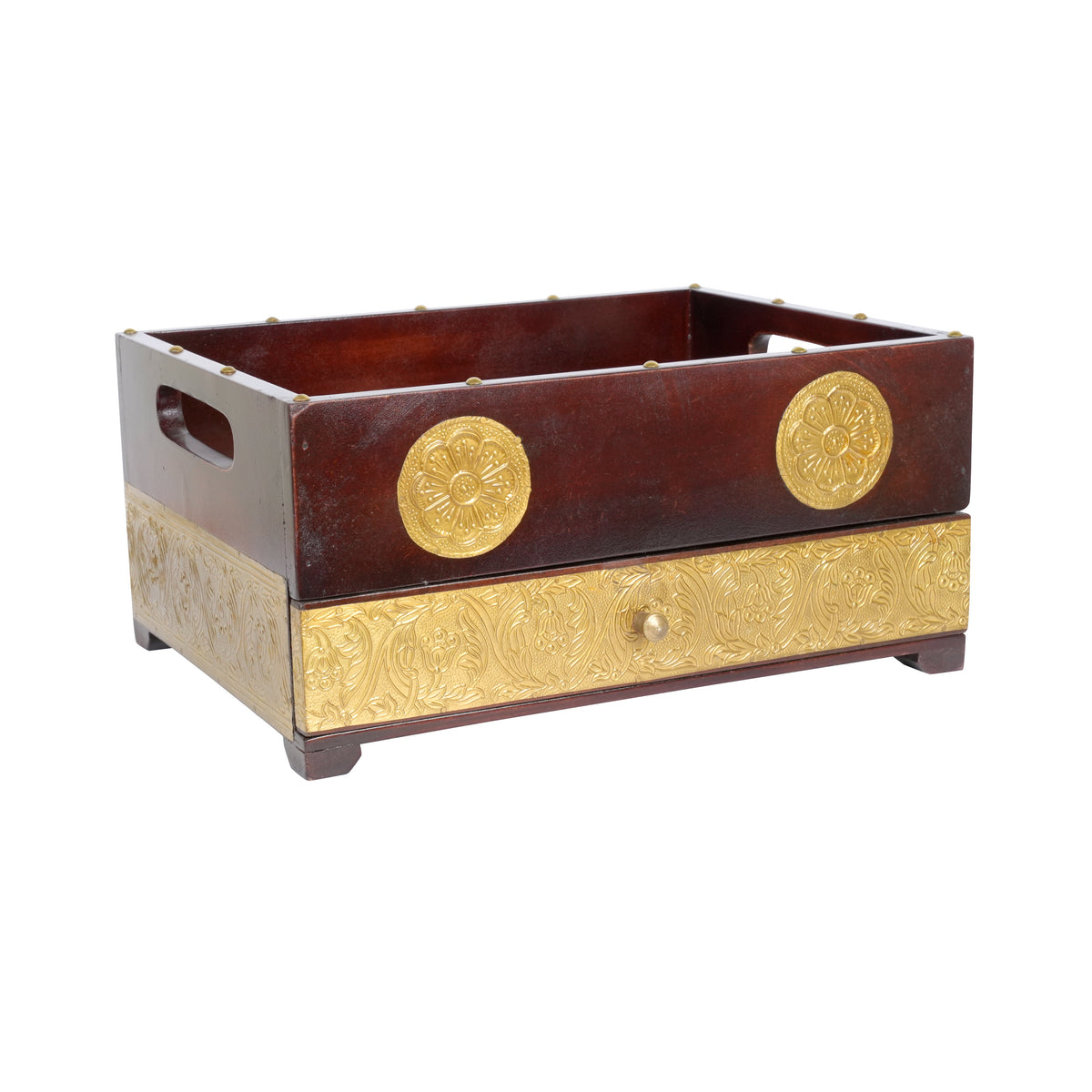 Handcrafted Wooden Storage Tray with Intricate Brass Detailing