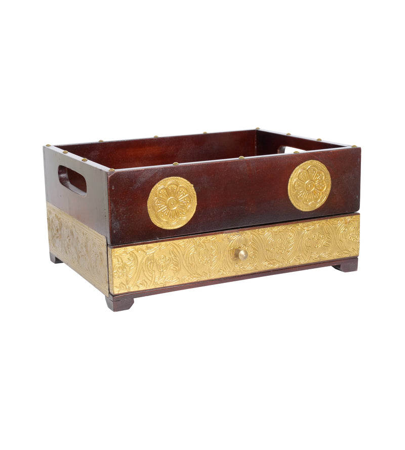 Handcrafted Wooden Storage Tray with Intricate Brass Detailing
