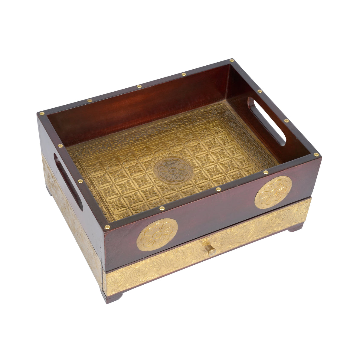 Handcrafted Wooden Storage Tray with Intricate Brass Detailing