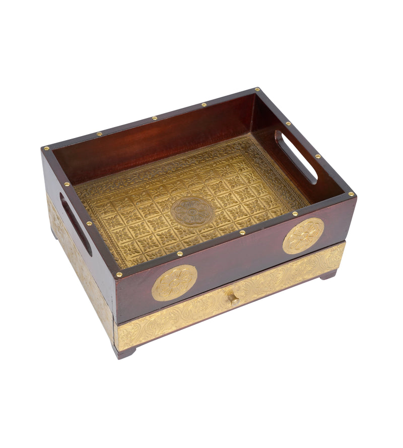 Handcrafted Wooden Storage Tray with Intricate Brass Detailing