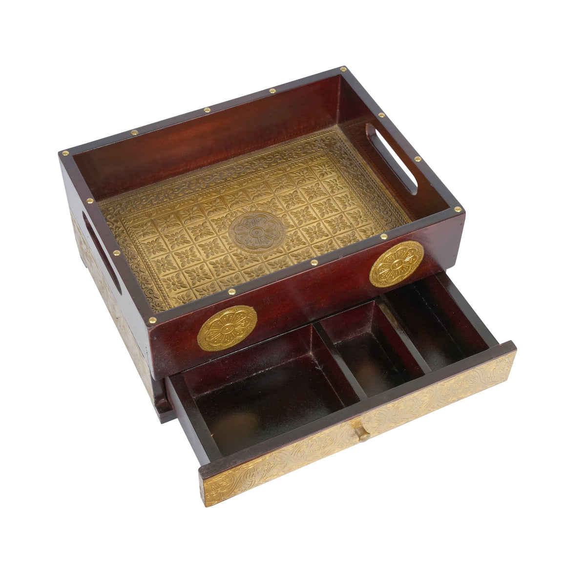 Handcrafted Wooden Storage Tray with Intricate Brass Detailing