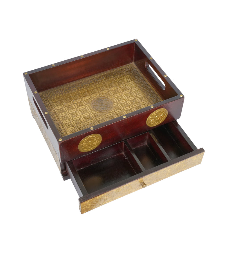 Handcrafted Wooden Storage Tray with Intricate Brass Detailing
