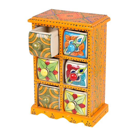 Handcrafted Wooden Box with Ceramic Drawers – 6 Drawer Storage Organizer