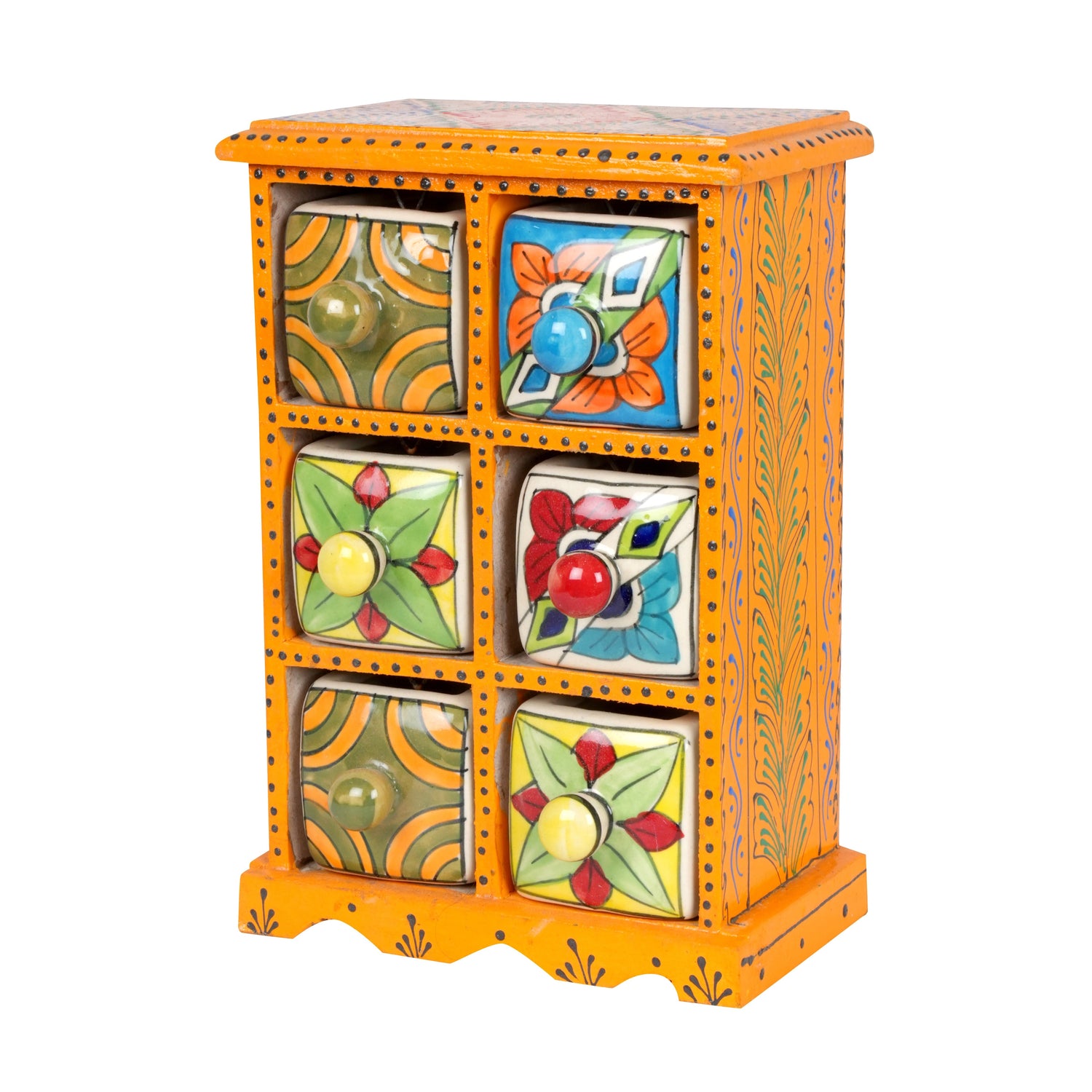 Handcrafted Wooden Box with Ceramic Drawers – 6 Drawer Storage Organizer