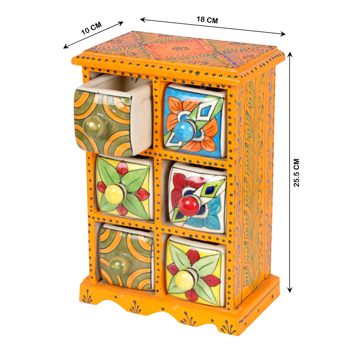 Handcrafted Wooden Box with Ceramic Drawers – 6 Drawer Storage Organizer
