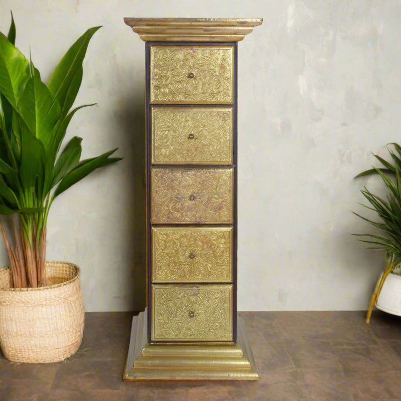Wooden Storage Cabinet with Brass Detailing – Elegant Design with Five Drawers