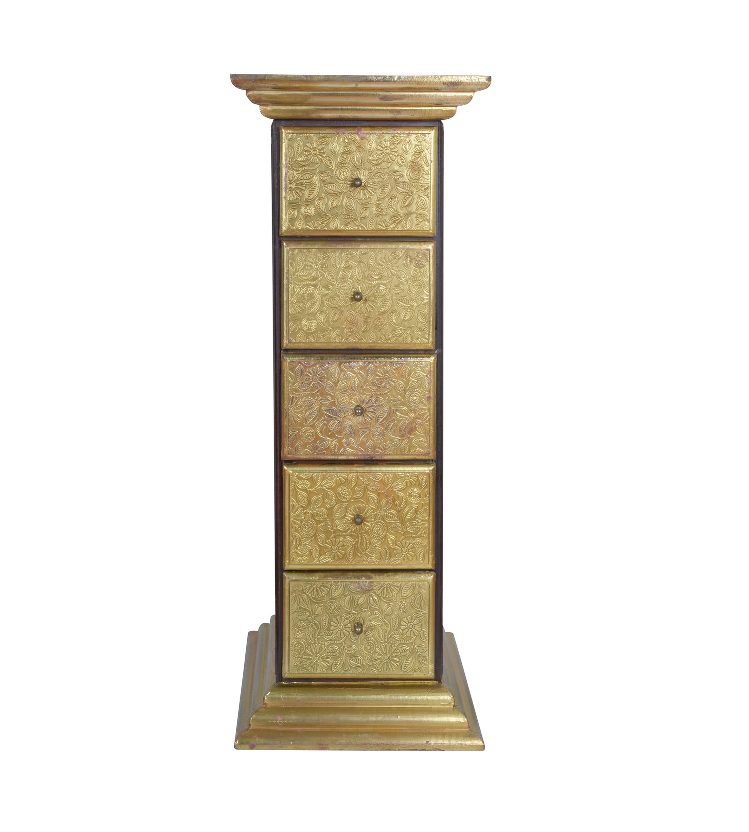 Wooden Storage Cabinet with Brass Detailing – Elegant Design with Five Drawers