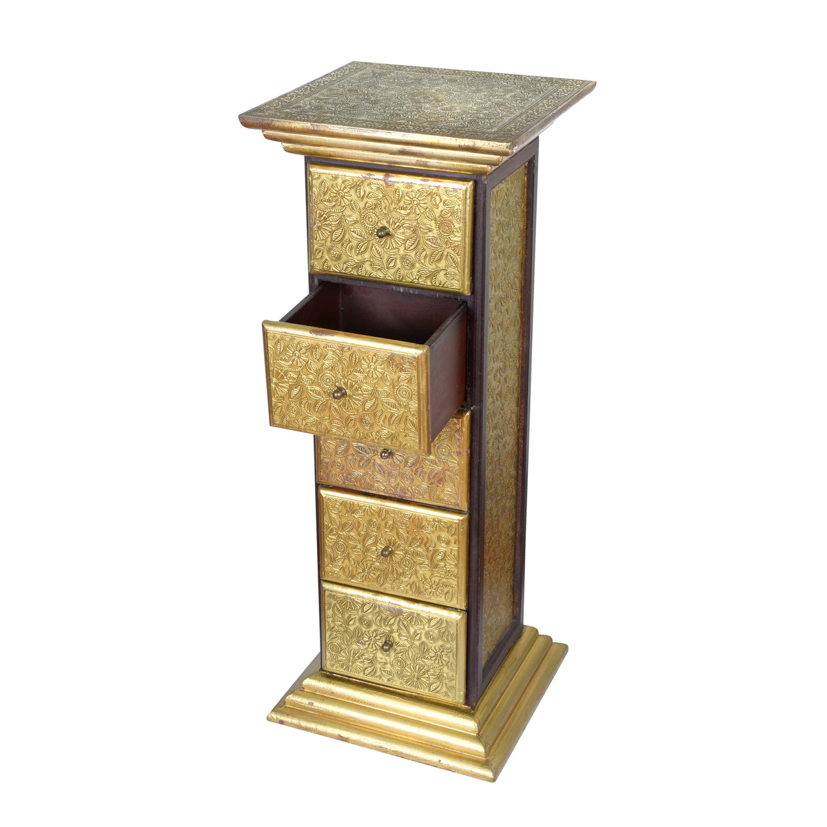 Wooden Storage Cabinet with Brass Detailing – Elegant Design with Five Drawers