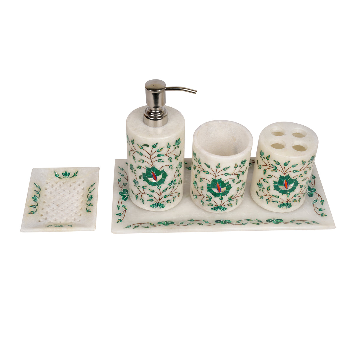 Handcrafted Marble Bathroom Accessory Set with Traditional Inlay Work
