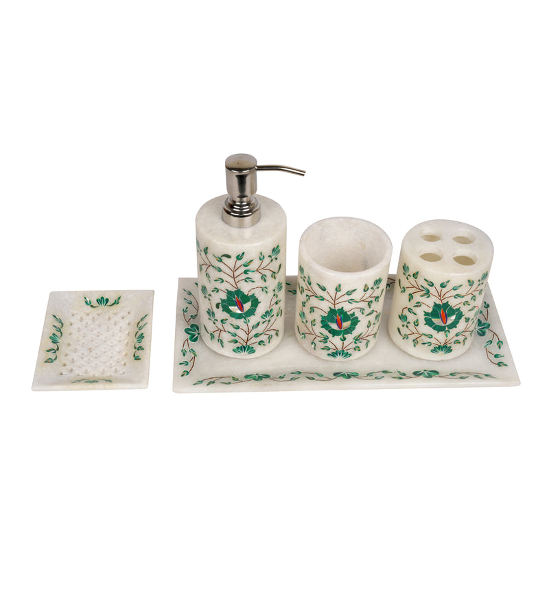 Handcrafted Marble Bathroom Accessory Set with Traditional Inlay Work