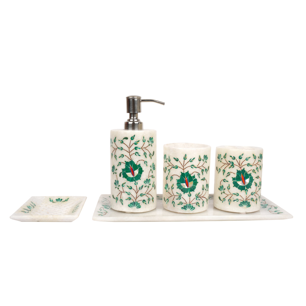 Handcrafted Marble Bathroom Accessory Set with Traditional Inlay Work
