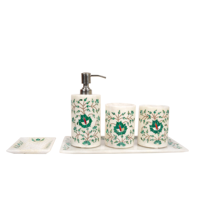 Handcrafted Marble Bathroom Accessory Set with Traditional Inlay Work