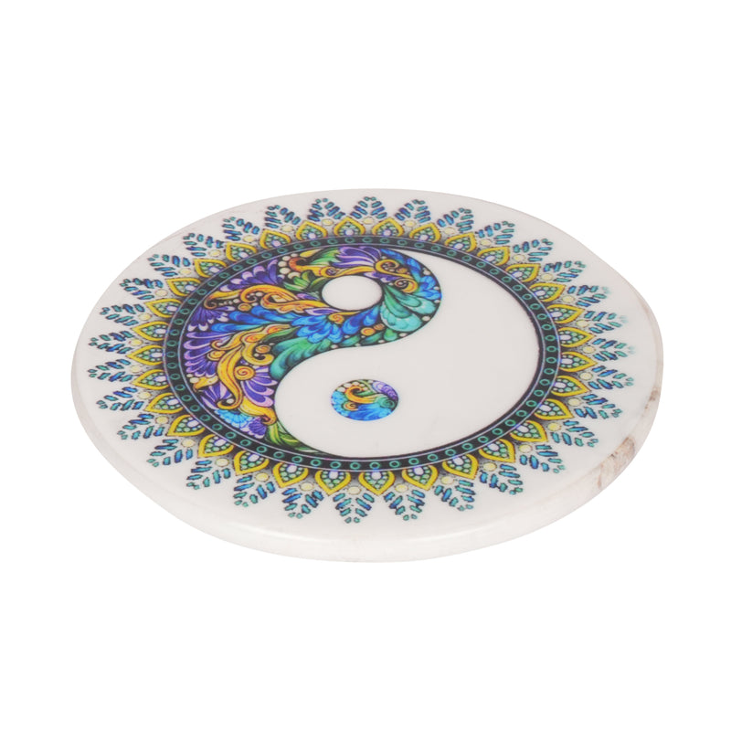 Handcrafted Marble Chakla with Yin-Yang and Floral Design