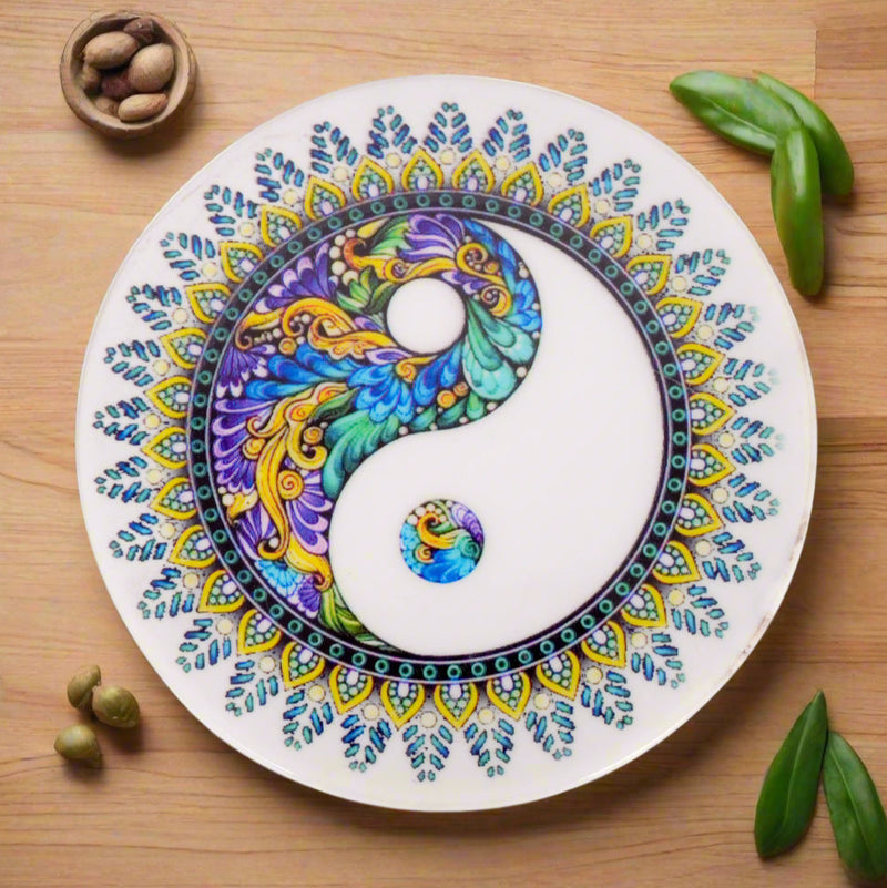 Handcrafted Marble Chakla with Yin-Yang and Floral Design