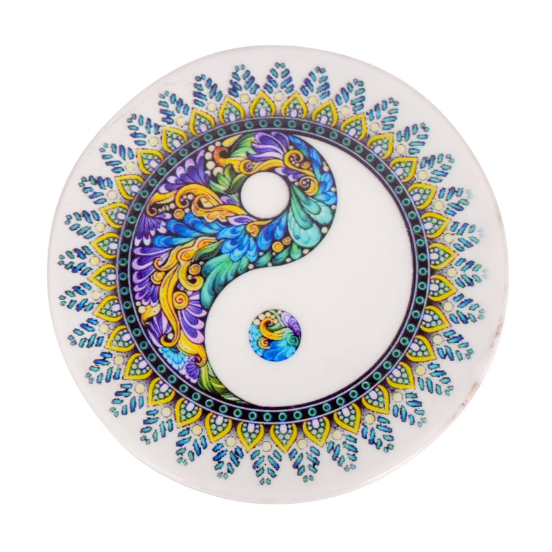 Handcrafted Marble Chakla with Yin-Yang and Floral Design