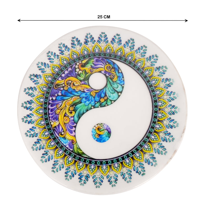 Handcrafted Marble Chakla with Yin-Yang and Floral Design