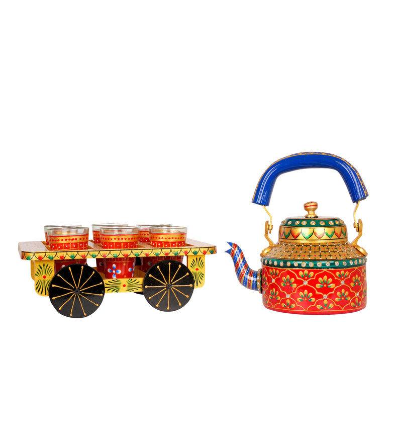 Hand-Painted Kettle Set with Glasses - Rajasthani Art