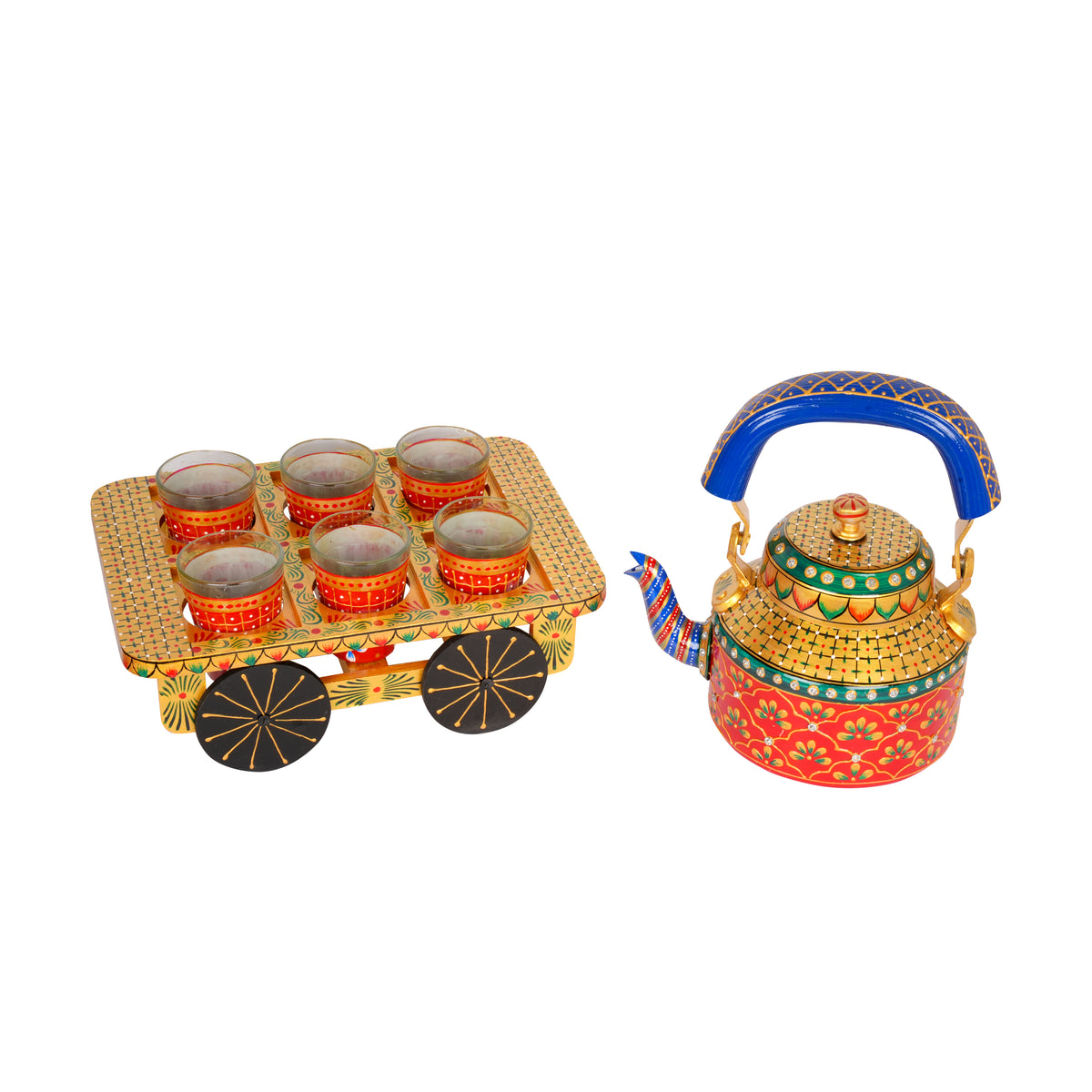 Hand-Painted Kettle Set with Glasses - Rajasthani Art