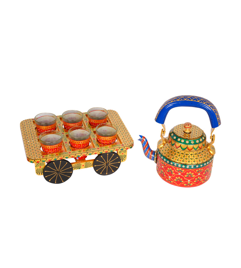 Hand-Painted Kettle Set with Glasses - Rajasthani Art