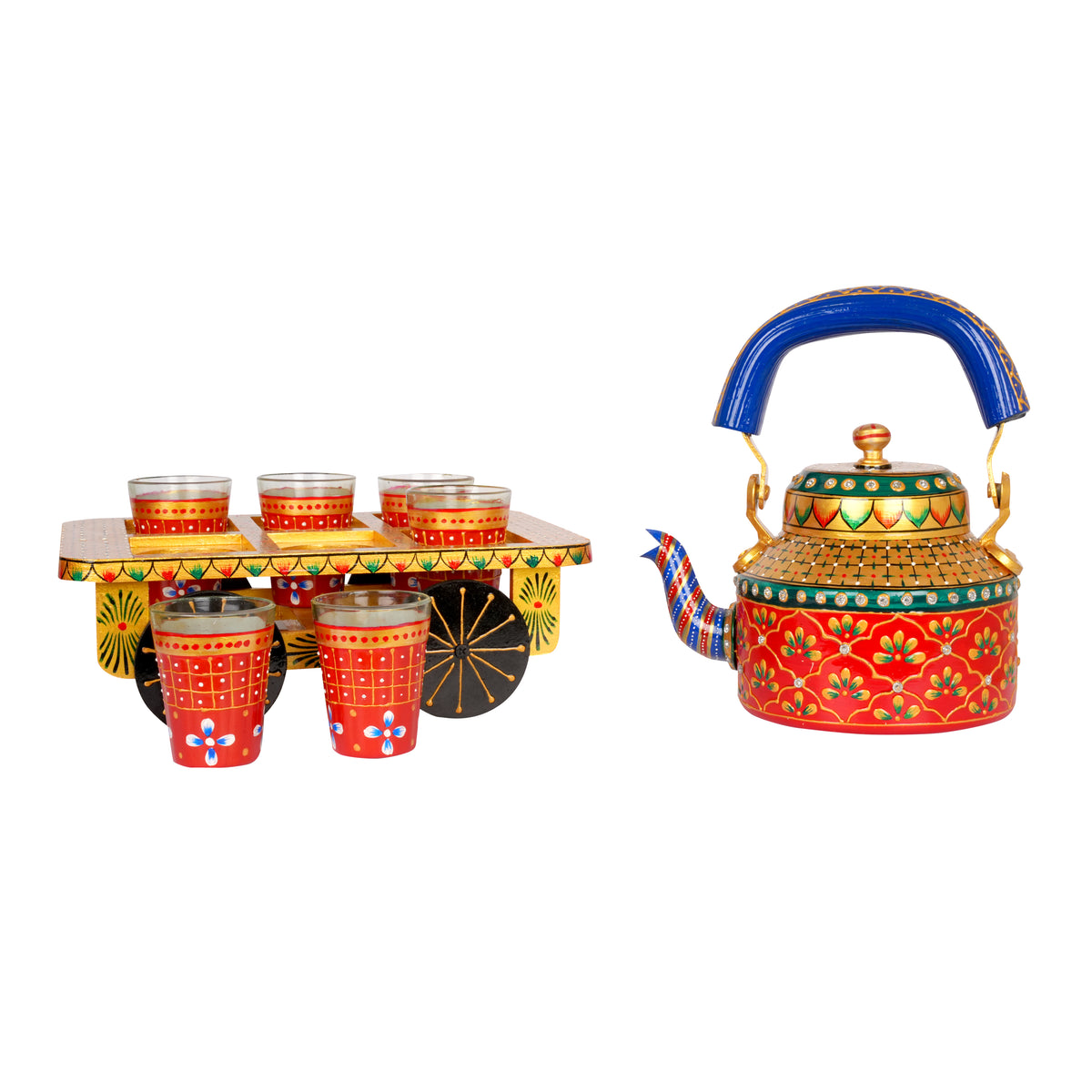 Hand-Painted Kettle Set with Glasses - Rajasthani Art