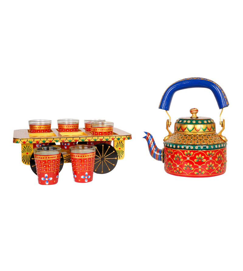 Hand-Painted Kettle Set with Glasses - Rajasthani Art