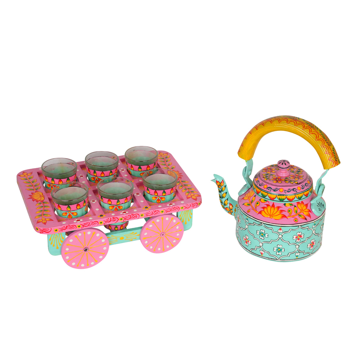 Hand-Painted Kettle Set with Glasses - Rajasthani Art