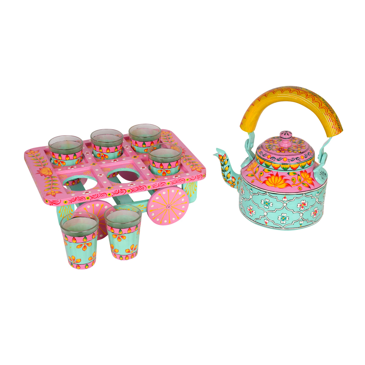 Hand-Painted Kettle Set with Glasses - Rajasthani Art