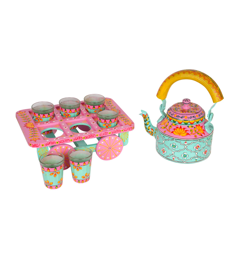 Hand-Painted Kettle Set with Glasses - Rajasthani Art