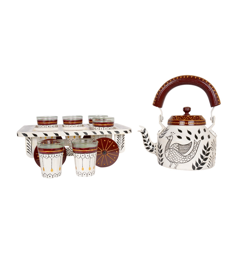 Hand-Painted Kettle Set with Glasses - Rajasthani Art