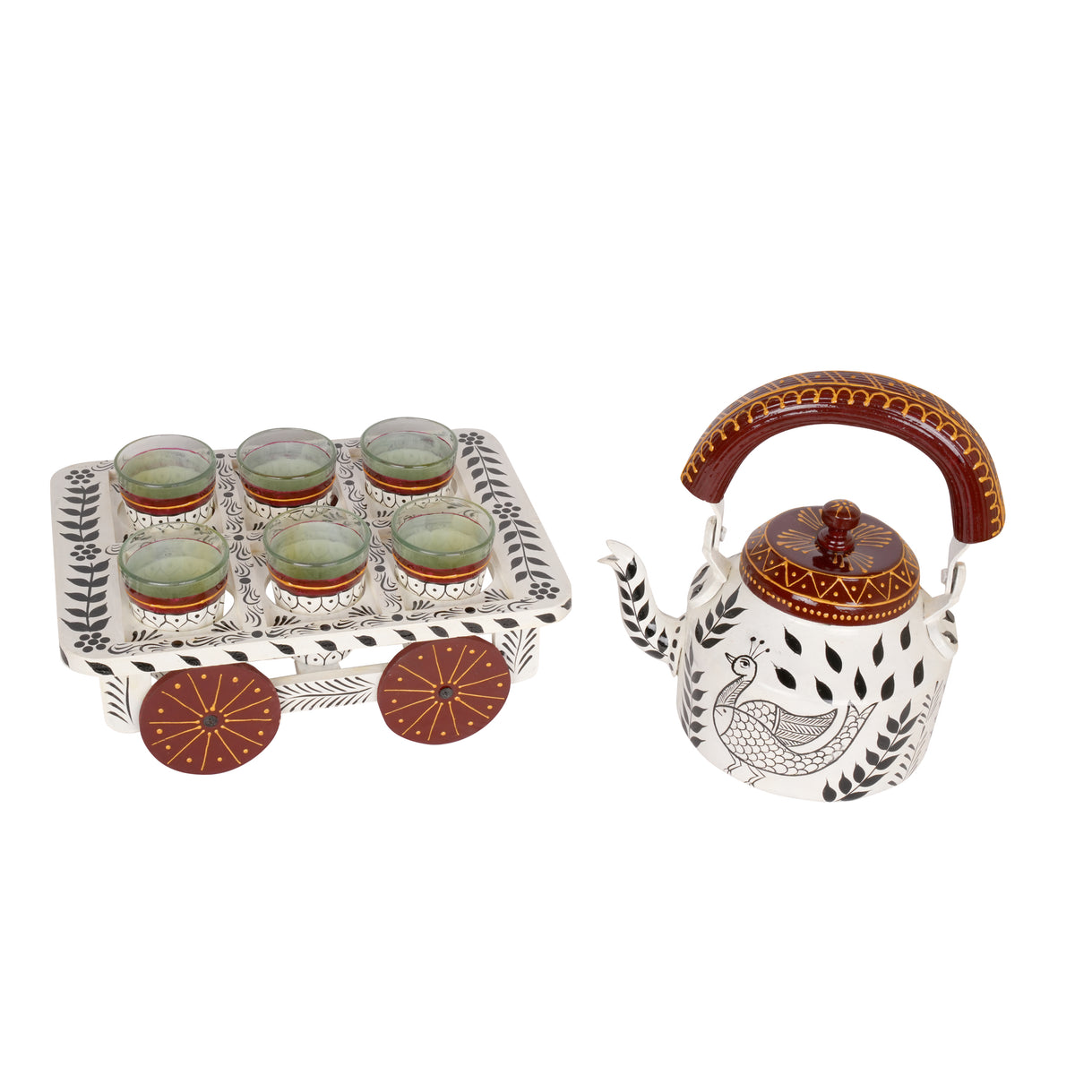 Hand-Painted Kettle Set with Glasses - Rajasthani Art