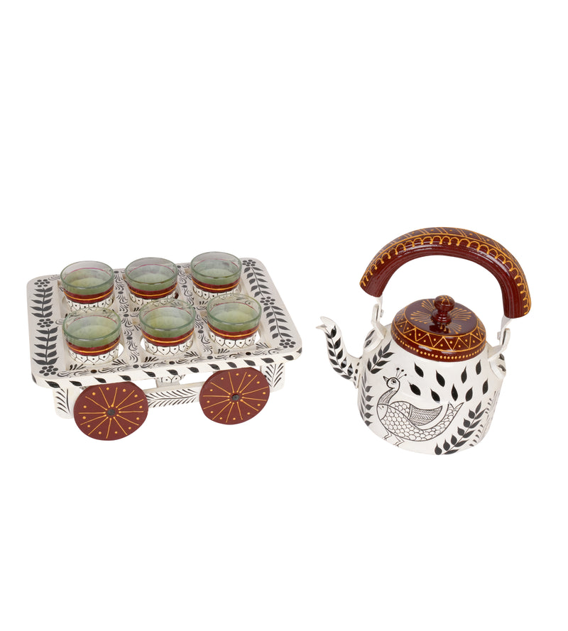 Hand-Painted Kettle Set with Glasses - Rajasthani Art