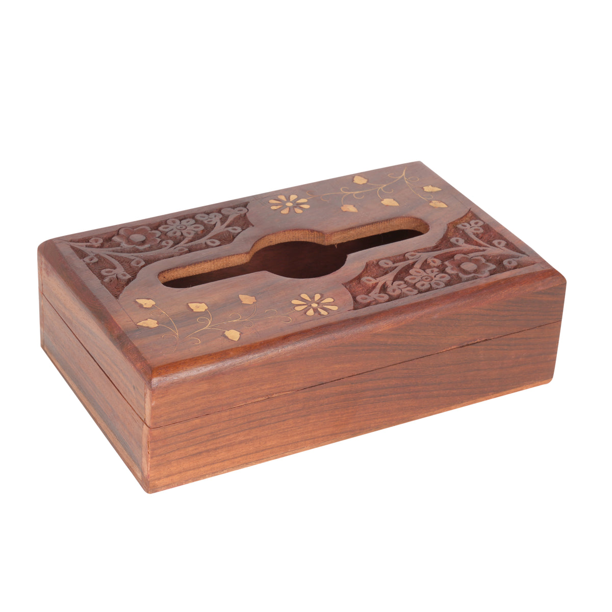 Hand-Carved Rosewood Tissue Box with Brass Inlay | Elegant Indian Artisan Decor