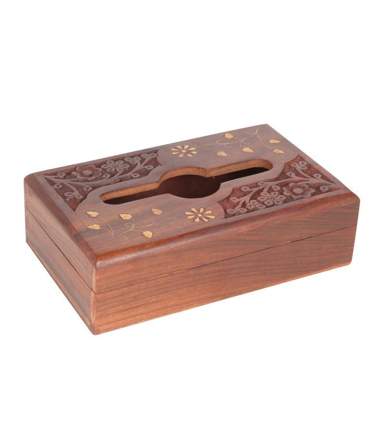 Hand-Carved Rosewood Tissue Box with Brass Inlay | Elegant Indian Artisan Decor