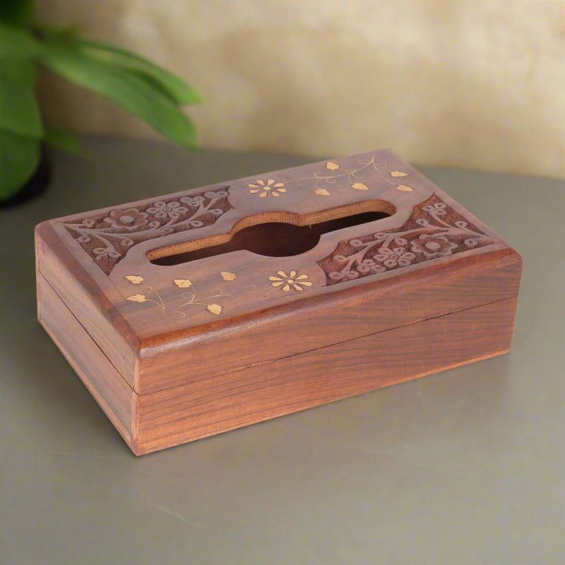 Hand-Carved Rosewood Tissue Box with Brass Inlay | Elegant Indian Artisan Decor