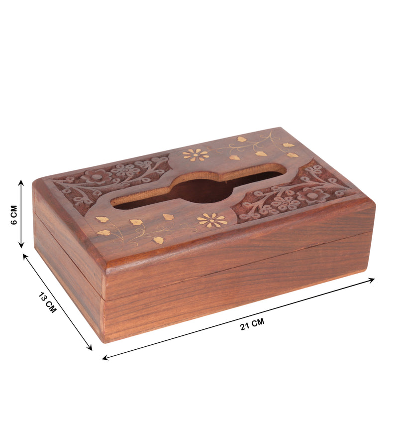 Hand-Carved Rosewood Tissue Box with Brass Inlay | Elegant Indian Artisan Decor