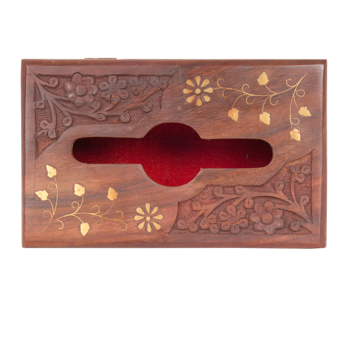 Hand-Carved Rosewood Tissue Box with Brass Inlay | Elegant Indian Artisan Decor