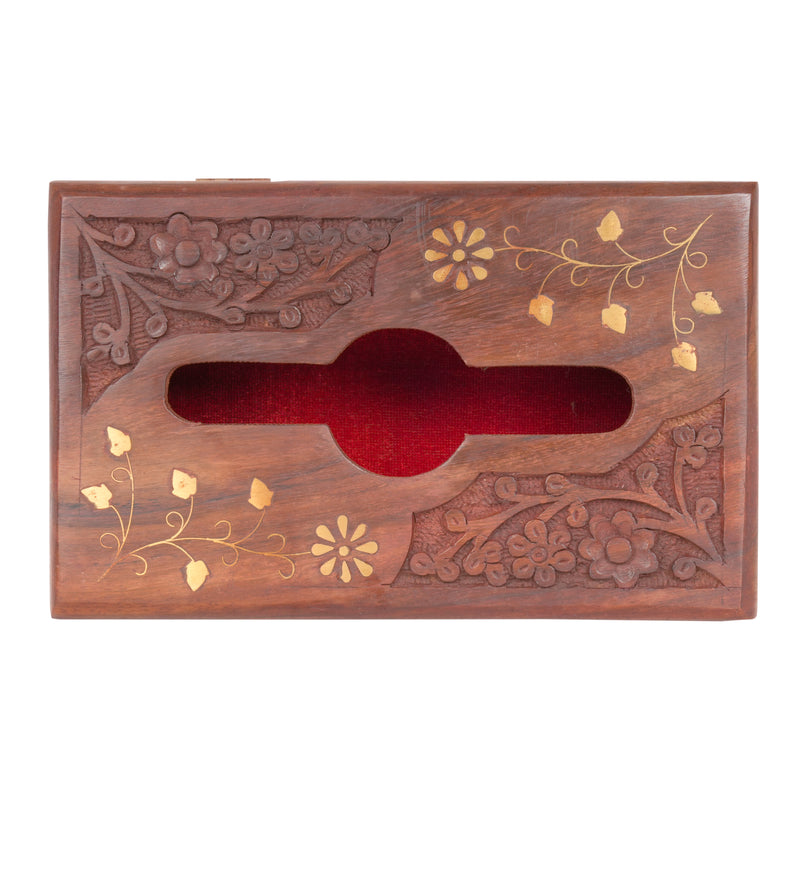Hand-Carved Rosewood Tissue Box with Brass Inlay | Elegant Indian Artisan Decor